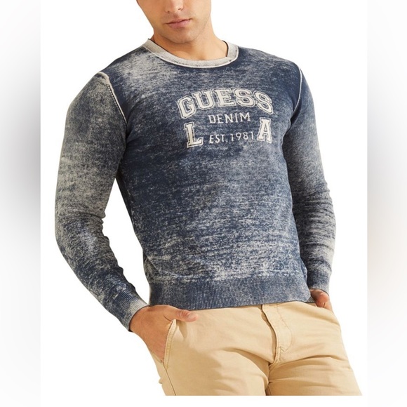 Guess Mason Men’s Long Sleeve Distressed Crewneck Navy Blue Logo Sweater - Picture 2 of 11